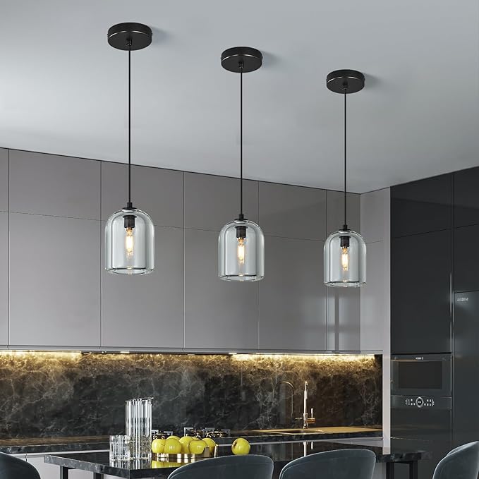 Modern Black Pendant Lights Kitchen Island Ceiling Chandelier Indoor Crystal Hanging Light Fixtures for Dining Room Kitchen Living Room Bedroom（1Pack）