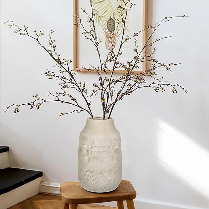 11" Rustic Ceramic Vase with Irregular Flutes Texture & Sand-Grain Surface, Antique Vase for Pampas & Vibrant Flowers, Warm-Toned Style, Beige White