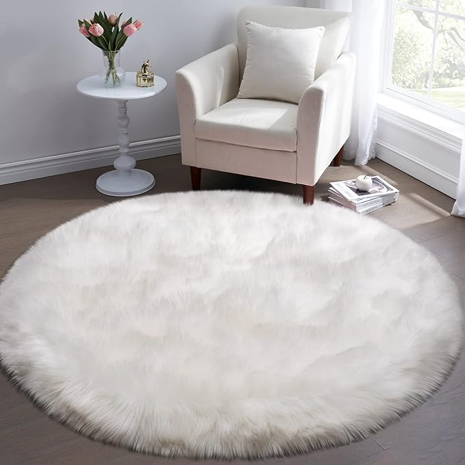 Tangsoo White Round Faux Fur Rugs, Sheepskin Round 3ft Soft Small Circle Rugs, 3x3 Fuzzy Plush Fur Rug, Shag Circular Rug Floor Carpet for Bedroom Kids Room, Nursery, Girls Room, Dorm