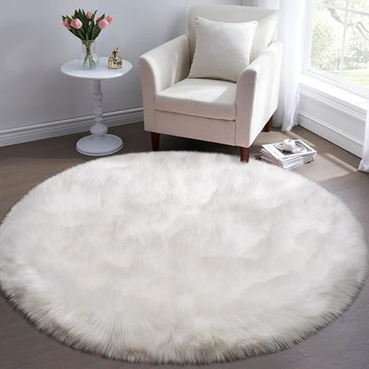 Tangsoo White Round Faux Fur Rugs, Sheepskin Round 3ft Soft Small Circle Rugs, 3x3 Fuzzy Plush Fur Rug, Shag Circular Rug Floor Carpet for Bedroom Kids Room, Nursery, Girls Room, Dorm