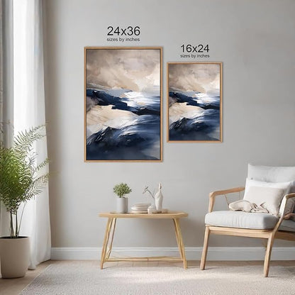 HLNIUC Blue Beige Abstract Wall Art Set of 3(24x36), Navy Brush Stroke Modern Art Decor, Earth Tone Minimalist Shape Framed Painting, Rust Dusty Neutral Prints for Living Room, Bedroom, Office