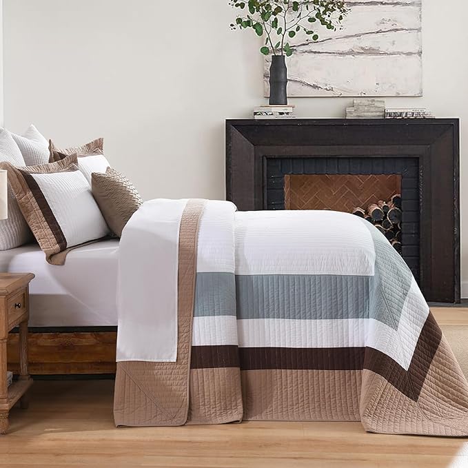 SahSahCasa 100% Cotton 120"x102" Oversized Bedspread Coverlet Quilt Set, Oversized Queen Quilted Bedspread Reversible Extra Large Quilt, XL Bed Spread Lightweight Comforter, 3pc, Brown/Gray/White
