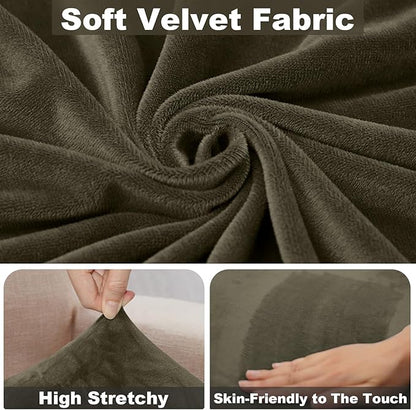 Sectional Couch Cover 3 Pieces Velvet Separate Couch Cushion Covers L Shape Soft Stretch Sofa Slipcovers with 2pcs Pillowcases for Left/Right Chaise Sectional Couch(2 Seater+1 Chaise,Olive Green)