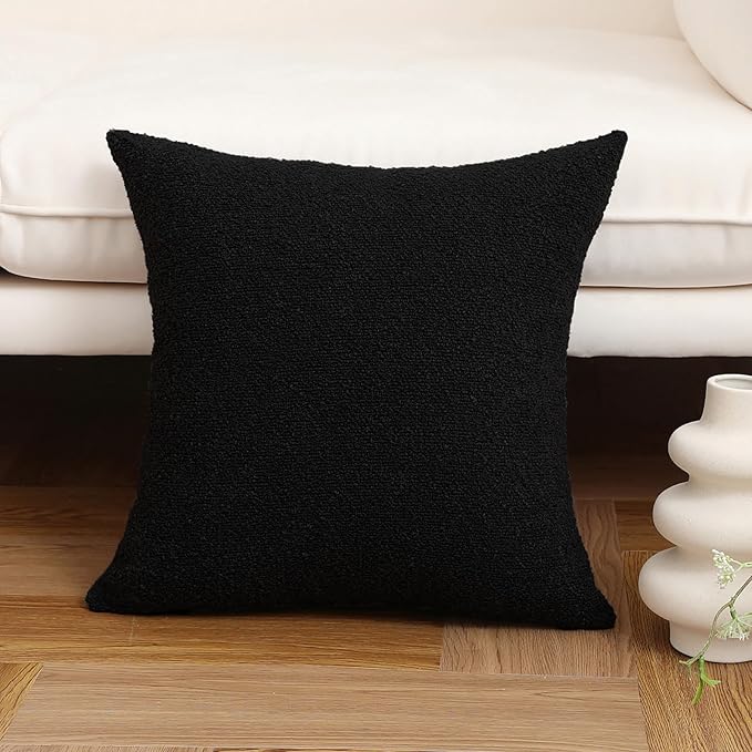 Jeneoo Black Decorative Square Thick Throw Pillow Covers Fine Textured Boucle Couch Cushion Case for Sofa Living Room Decor, Set of 1, 24 x 24 Inch