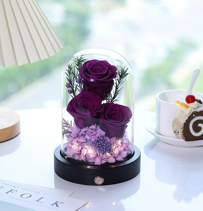 Flowers Gifts for Women, Preserved Roses in Glass Dome, Forever Flowers for Delivery Mothers Day Birthday Gifts for Mom Wife Girlfriend on Valentines Day Anniversary Christmas Purple