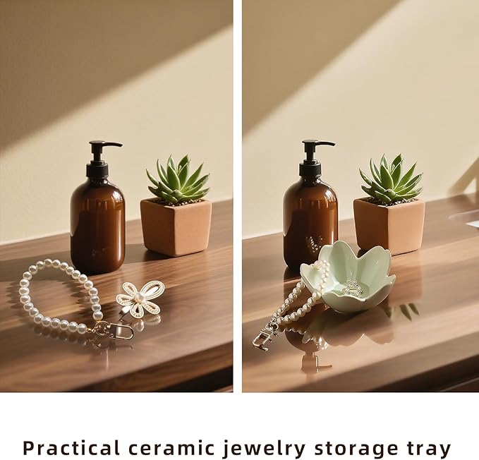 Floral Ceramic Jewelry Tray - 3.5" Elegant Ring Holder Dish & Trinket Bowl for Vanity Dresser Decor (green)