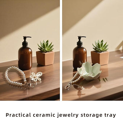 Floral Ceramic Jewelry Tray - 3.5" Elegant Ring Holder Dish & Trinket Bowl for Vanity Dresser Decor (green)