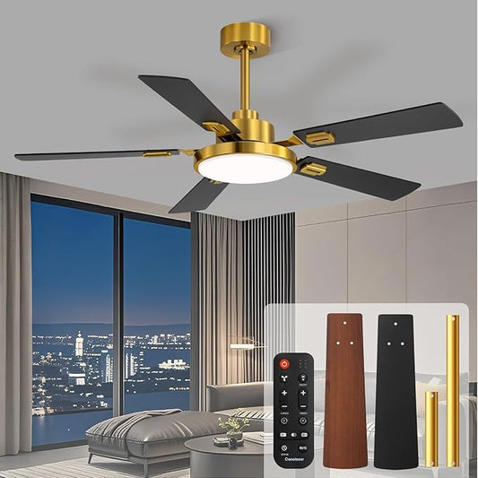 52 Inch Ceiling Fans with Lights and Remote for Bedroom Living Room Kitchen Office, Indoor/Outdoor Use, 5CCT Dimmable, 5 Blades, 6 Speed Reversible Quiet DC Motor, Gold/Wood Grain