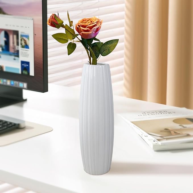 12Inch Tall White Ceramic Vase for Home Decor, Modern Textured Vase for Living Room, Table Centerpiece, Farmhouse Style