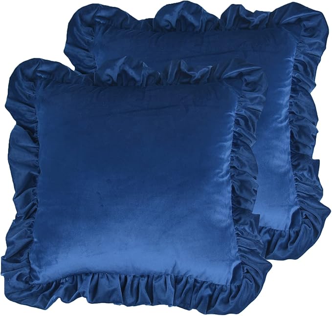 Velvet Ruffle Throw Pillow Covers Couch, Set of 2 Decorative Pillowcases with Ruffles 20x20 Inch Solid Color Shabby Chic Farmhouse Cushion Cover for Living Room Sofa Bed, Navy Blue