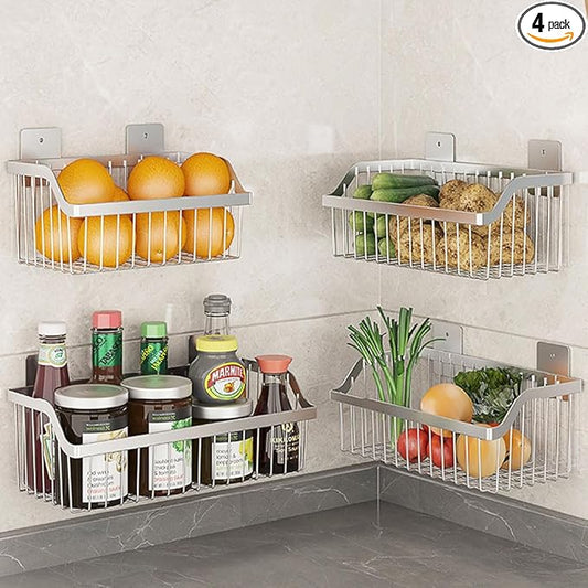 Wire Baskets, SUS304 Stainless Steel Storage Baskets, Durable Baskets for Storage Wall Mount, Hanging Wire Baskets Wall Mount Baskets for Kitchen, Bathroom, Closets - 4 Set
