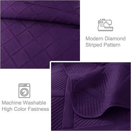 Exclusivo Mezcla Quilts Queen Size - Deep Purple Quilt Set Bedspread with 2 Pillow Shams, Modern Bedding Set with Striped Pattern, Soft Lightweight Bedspreads Queen Size for All Seasons