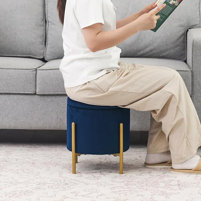 Adeco Upholstered Tufted Round Storage Ottomans, Navy Modern Velvet Footstool with Storage Space and Gold Metal Legs for Couch, Living Room, Bedroom, Entryway