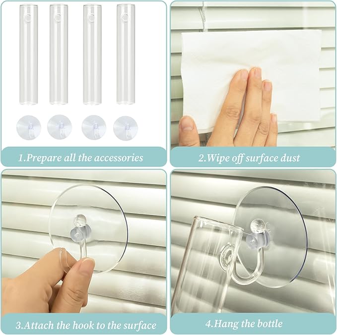 4PCS Wall Hanging Planter Propagation Stations, Plant Tube with Suction Cup Hook, Test Tube Propagation Station Wall Clear Plant Vase No Nails with Bottle Brush Flower Plant Terrarium