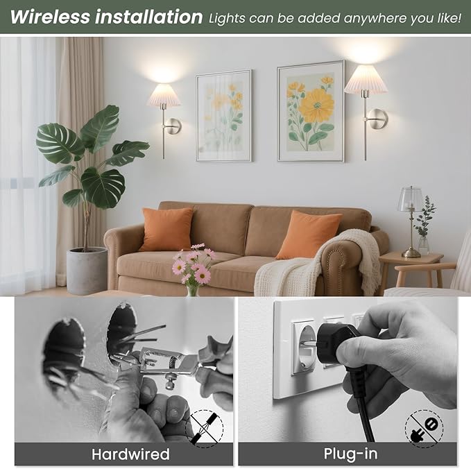 Wireless Wall Sconce Sets of 2, Pleated Shades Rechargeable Battery Operated Wall Sconce, Retro Industrial Brushed Nickel Bathroom Vanity Lights, Wall Mounted Lamps for Bedroom Living Room Hallway