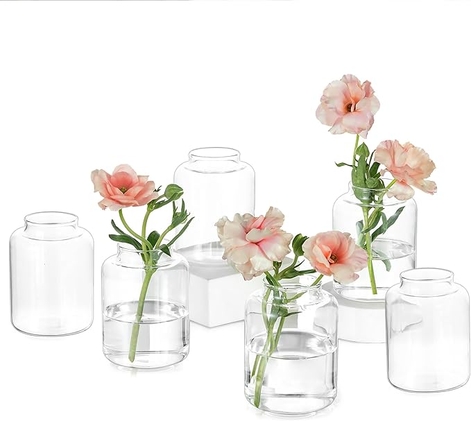 Hewory Mini Bud Vases Set of 6: Small Glass Vases for Flowers, Modern Clear Bud Vase Bulk for Wedding Centerpieces Baby Shower Parties Rehearsal Dinner Table Decorations