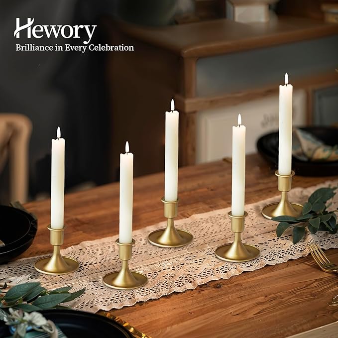Gold Taper Candle Holder Set of 2, Hewory Short Skinny Brass Candlestick Holders, Vintage Small Low Metal Candles Sticks for Wedding Centerpieces Christmas Birthday Party Holiday Dinning Table Decor