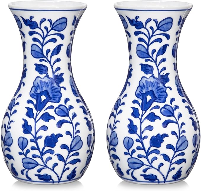 Small Blue and White Vase, 2-Pack 6 Inch Bud Ceramic Flower Vase, Retro Chinoiserie Vases for Fresh Dried Silk Flower Decor Side Table Living Room Bookshelf Antique Grand Millennial - Floral Glazed