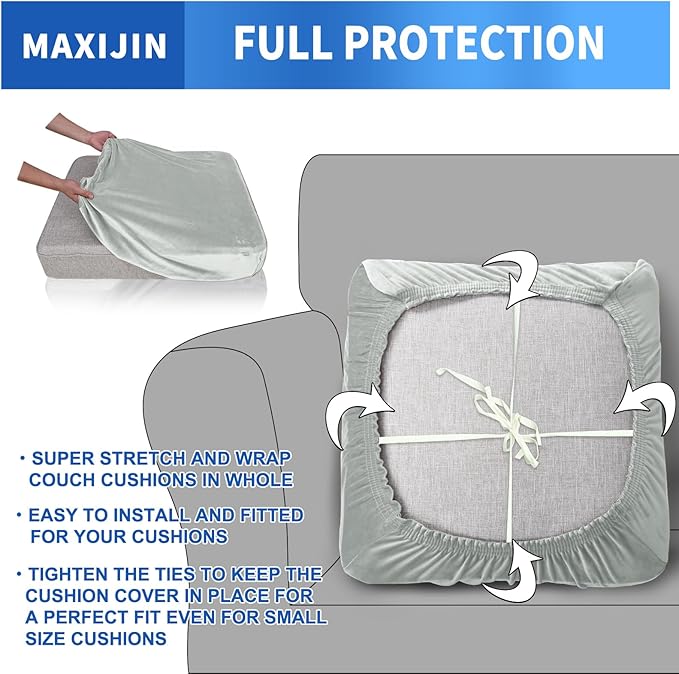 MAXIJIN Velvet Stretch Cushion Cover Fitted Couch Cushion Slipcovers 1 Pack Arm Chair Seat Cushion Cover for Individual Cushion Sofa Chair with Elastic Bottom (Chair Cushion, Silver Grey)