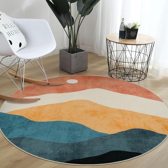 6 ft Abstract Round Rugs for Bedroom, Washable Non-Slip Circle Rug, Soft Colorful Low-Pile Floor Mat, Chic Faux Wool Large Rug, Indoor Throw Rugs for Living Room, Kidsroom