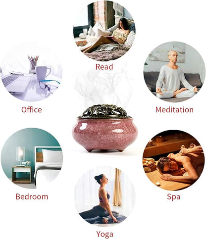 Ceramic Incense Burner with Incense Stick Holder + Insulation use for Stick or Coil Incense, Sage Cones and Frankincense (Violet)