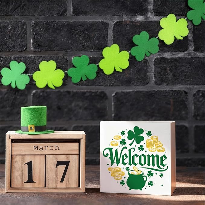 St. Patrick's Day Welcome Decor Wooden Box Sign, Pot of Gold Shamrock Tabletop Welcome Sign for Home Entryway Shelf Desk, Festive Farmhouse Holiday Wooden Decor Irish Theme 5 x 5 Inches