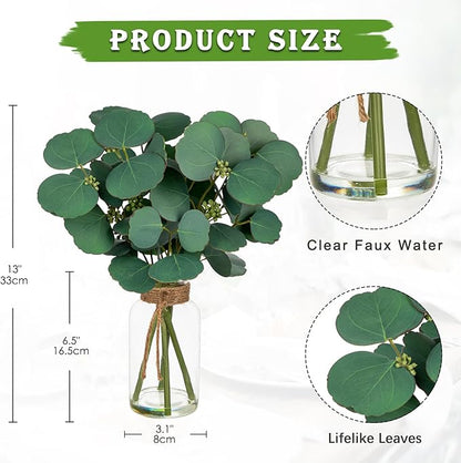 Briful Artificial Eucalyptus Stems in Clear Glass Vase with Faux Water, 14" Fake Plant Eucalyptus Leaves for Home Office Farmhouse Wedding Centerpiece Décor