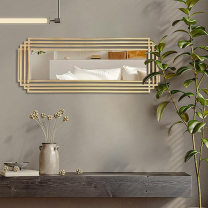 Modern Rectangle Mirror, 42"x16" Geometric Art Deco Mirror with Metal Frame, Gold Elegant Mirrors for Living Room Bedroom Bathroom Entryway Hallway, Hangs Vertically or Horizontally