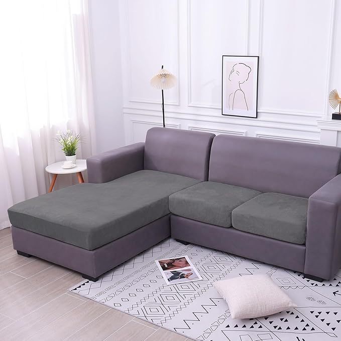 hyha Velvet Couch Cushion Covers, Stretch Chaise Lounge Sectional Couch Seat Covers L Shape for Sectional Sofa, Soft Sofa Cushion Slipcover Washable with Elastic Bottom(Chaise, Grey)