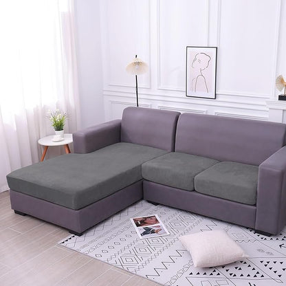 hyha Velvet Couch Cushion Covers, Stretch Chaise Lounge Sectional Couch Seat Covers L Shape for Sectional Sofa, Soft Sofa Cushion Slipcover Washable with Elastic Bottom(Chaise, Grey)