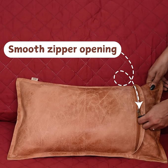100% Lambskin Leather Pillow Cover - Sofa Cushion Case - Decorative Throw Covers for Living Room & Bedroom, 14x22 Inch - Mango Tan Crunch Box Pack of 1