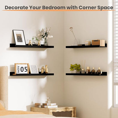 upsimples Floating Shelves for Wall, 23.6 Inch Shelves for Decor Storage Set of 6, Wall Mounted Wood Shelf for Bedroom, Living Room, Bathroom, Kitchen, Long Picture Ledge Shelves, Black