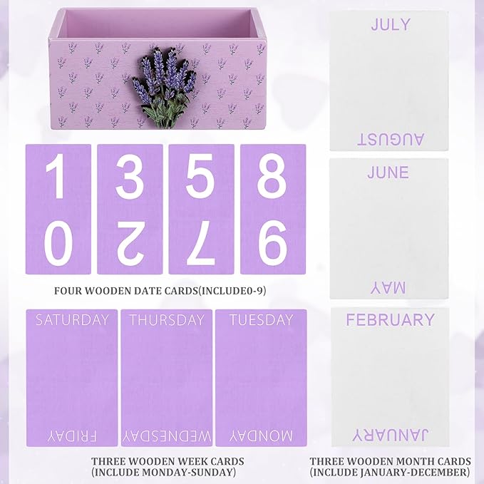 Purple Lavender Wood Block Perpetual Calendar Coquettish Desk Decor Cute Month Week Date Display Decorative Block Calendar for Women Office Home Desk Gift for Women