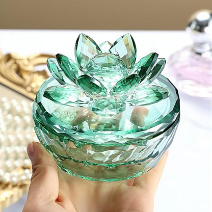 Crystal Jewelry Box, Small Glass Trinket Jar with Lid, Clear Lotus Flower Storage Holder for Women, Elegant Organizer Dish for Ring, Earrings, Necklace, Gift (Green)