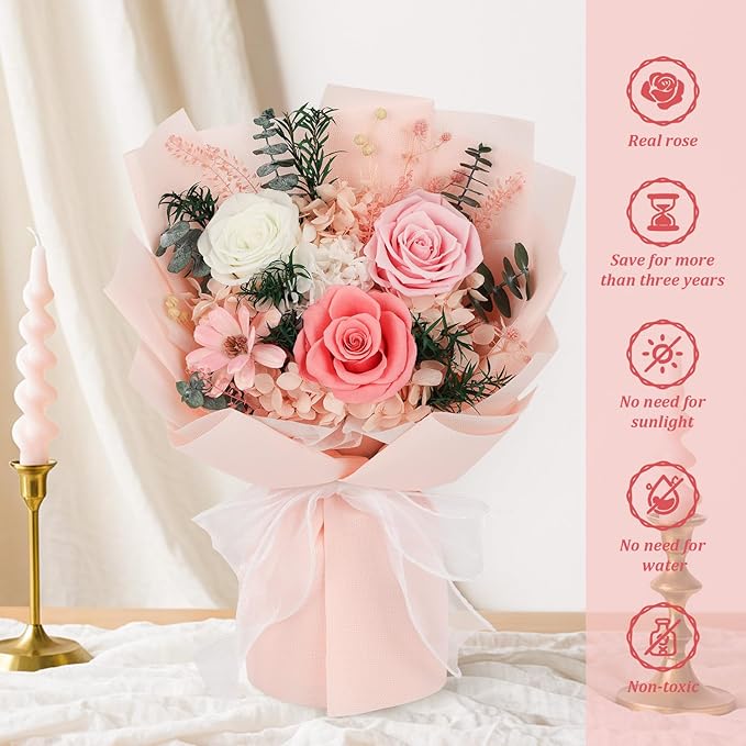 Flowers for Delivery Preserved Flowers with Vase That Last 3-5 Years Real Forever Flowers Pink Rose Bouquet for Mom Birthday Thanksgiving Christmas Gift for Women Grandma Wife Friends Her