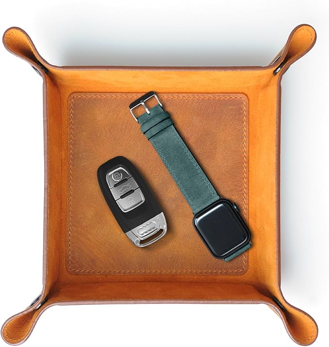 Handmade Leather Catch All Tray and Organizer for Keys, Phones, Jewels, Coins, Square - Small, Light Camel