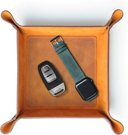 Handmade Leather Catch All Tray and Organizer for Keys, Phones, Jewels, Coins, Square - Small, Light Camel