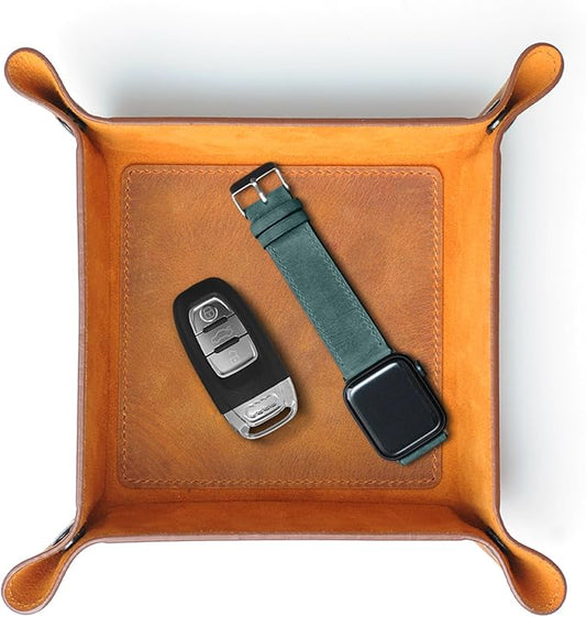 Handmade Leather Catch All Tray and Organizer for Keys, Phones, Jewels, Coins, Square - Small, Light Camel
