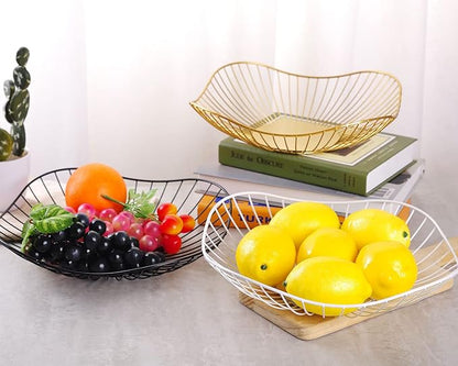 IBWell Short Curved-Edge Modern Creative Stylish Single Tier Dish,Metal Iron Wire Fruit Vegetables Bread Decorative Stand Serving Bowls Basket Holder (Square Dish) (White)