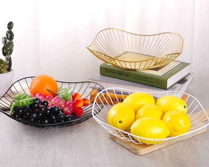 IBWell Short Curved-Edge Modern Creative Stylish Single Tier Dish,Metal Iron Wire Fruit Vegetables Bread Decorative Stand Serving Bowls Basket Holder (Square Dish) (Gold)