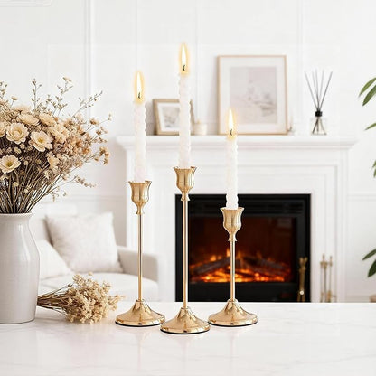Taper Candle Holders, Tall Vintage Metal Candlestick Holders, 3 PCS Brass Gold Candle Sticks Holders for Home Decor Table Centerpiece Wedding Housewarming Festival, Rose Gold, 1 Set (3 pcs)