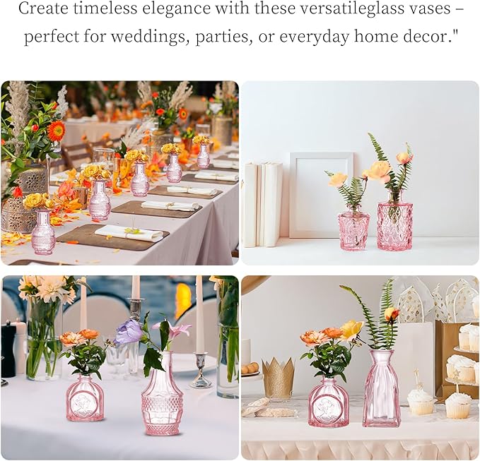 Glass Bud Vases Set of 64 - Pink Assorted Small Mini Glass Vases for Flowers, Crystal Vintage Vase Set, Bulk Centerpieces for Table Décor, Wedding, Home and Events (Pink, 64 Pcs)