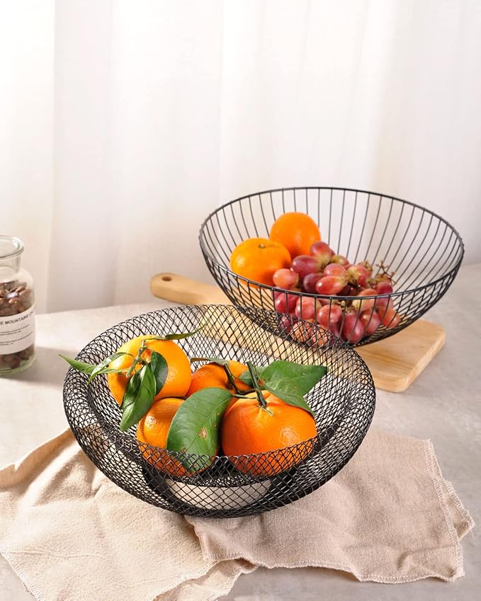 IBWell Metal Wire Woven Fruit Storage Bowl Basket for Kitchen, Large Black Mesh Fruit Stand, for Apple, Pineapple, Banana, Orange, Lemon, Pear, Strawberry, Watermelon (Black, Small)