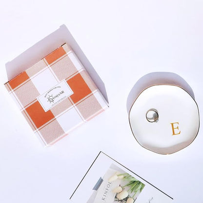 Ceramic Jewelry Tray Initial Ring Dish Personalized E-Monogrammed Engagement Wedding Gifts, for Birthday Mother's Day Christmas for Women, Ceramic White 4.75" (E)