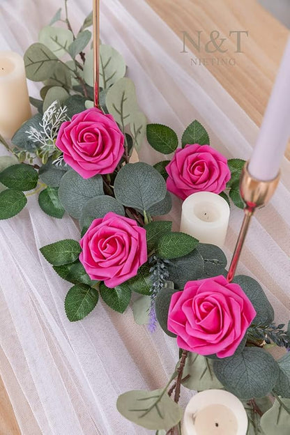 N&T NIETING Artificial Flowers, Hot Pink Artificial Roses, 50pcs Fake Flowers with Stem for DIY Wedding Bouquets Centerpieces Bridal Baby Shower Party Home Arrangement Decoration