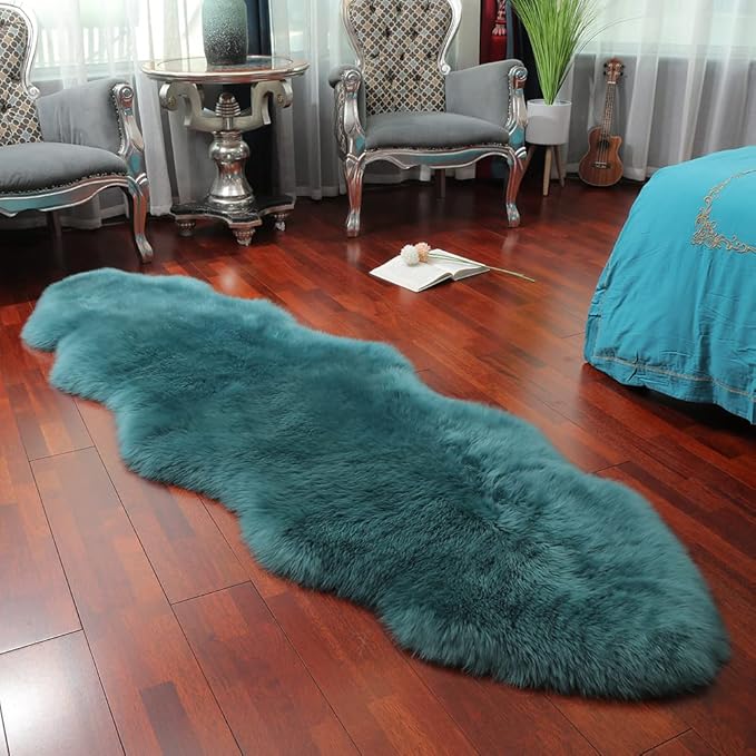 LLB Genuine Sheepskin Area Rug Wool Rug Fur Carpet Fluffy Shaggy Fur Rug for Living Room Kids Bedroom Real Sheepskin Throw Lambskin Rugs Sofa Mat Chair Seat Covers (Peacock Blue, 2 x 6 ft Sheepskin)