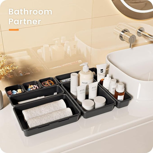 A-LuGei 【𝟮𝟮𝗣𝗖𝗦】 Plastic Black Desk Drawer Organizer, Bathroom Organizers and Storage, Makeup Organizer, Organization and Storage Bin Container for Vanity Office Utensils Tool Pantry Cosmetic