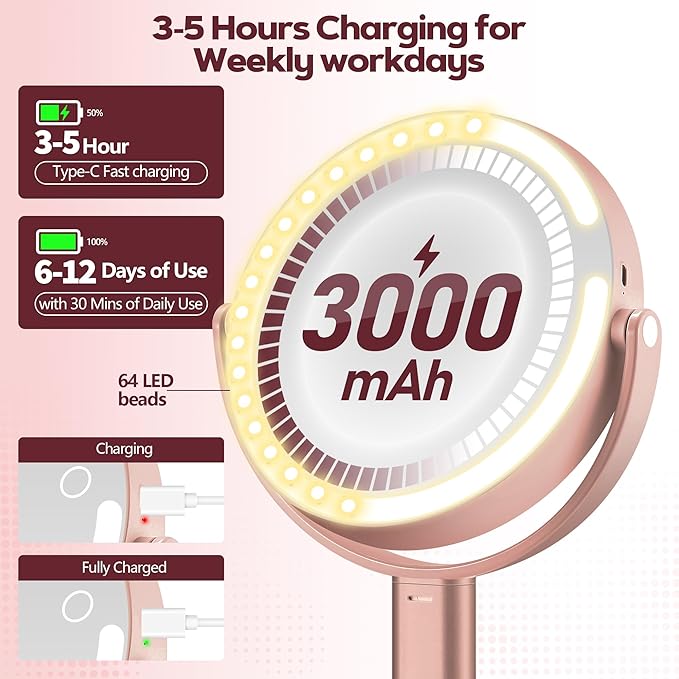 Makeup Mirror with Lights, 30X Magnifying & Height Adjustable, Lighted Magnifying Mirror with 3 Light Modes & Stepless Dimming, Vanity Mirrors for Bathroom, Birthday Gift for Women, Rosegold