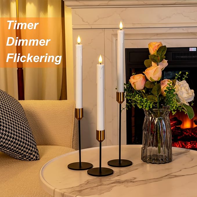 Homemory 3 Pcs Flameless Taper Candles with Remote Timer Dimmer, 9.6" White Flickering Candlesticks Battery Operated, Realistic Plastic LED Candles for Fireplace Wedding Seasonal Indoor Decorations