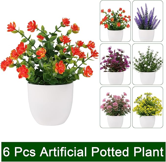 Artificial Small Plant 6pcs Fake Flower Potted Plant Bathroom Faux Plant for Indoor Decor Window Tabletop Office Colorful Flower